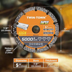 TWIN-TOWN 5" Diamond Cutting Wheel with 7/8" Arbor, Metal Cut Off Wheel, Carbide Cutting Wheel for Angle Grinder, 5000+ Cuts on Rebar, Steel, Iron, and INOX