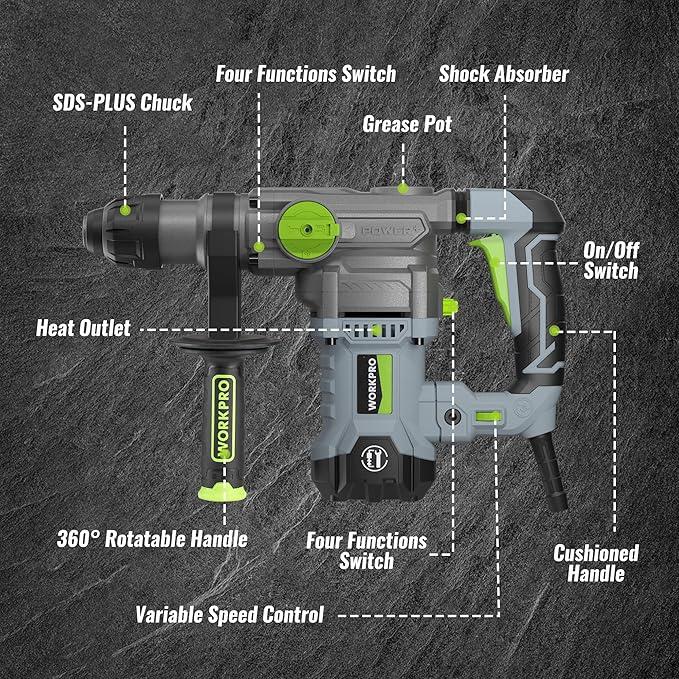 WORKPRO Premium 1-1/4 Inch SDS-Plus Rotary Hammer Drill, 12.5AMP, Heavy Duty Corded Version for Concrete Demolition Chipping Rotomartillo, 5 SDS-Plus Bits