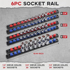 6-Piece Magnetic Socket Organizer, Heavy Duty Aluminum Socket Rails Organizer, 360° Swivel Clips Socket Holder Kit for Tool Box, 1/2, 3/8, 1/4-Inch Socket Holder x 80 Clips (Red&Blue)