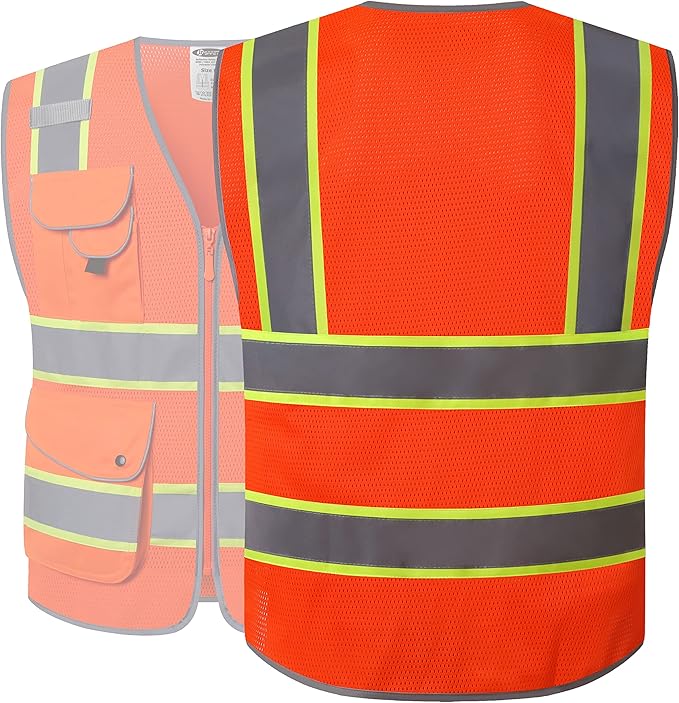 JKSafety 9 Pockets Hi-Vis Reflective Safety Vest | Mesh Fabric | Fluorescent Orange Color with Neon Yellow Extended Trims | ANSI/ISEA Compliance (100-Orange, 4XL)