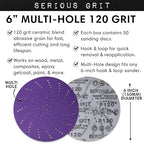 6-Inch 120 Grit Ceramic Multi-Hole Hook & Loop Sanding Discs - Advanced Grain for Fast Cutting & Long Life - Film-Backed Universal Fit Sandpaper for 6-in Sanders - 50 Pack Box