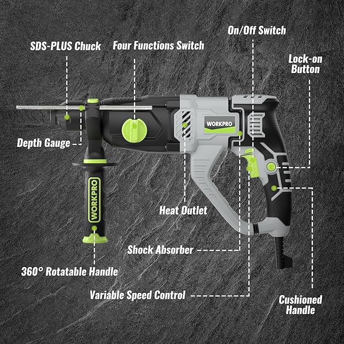 WORKPRO Premium 1-1/4 Inch SDS-Plus Rotary Hammer Drill, 7.5AMP, Lightweight Corded Version for Concrete Demolition Chipping Rotomartillo, 5 SDS-Plus Bits
