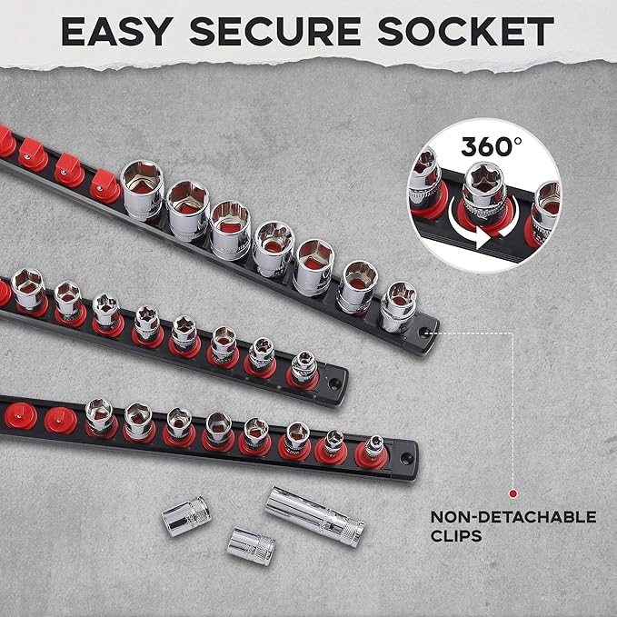 1/4-Inch Drive Magnetic Socket Organizer, Heavy Duty Aluminum Socket Rail Organizer, 360° Swivel Clips Socket Holder Kit for Tool Box, 1/4-Inch Socket Holder x 14 Clips (Red)
