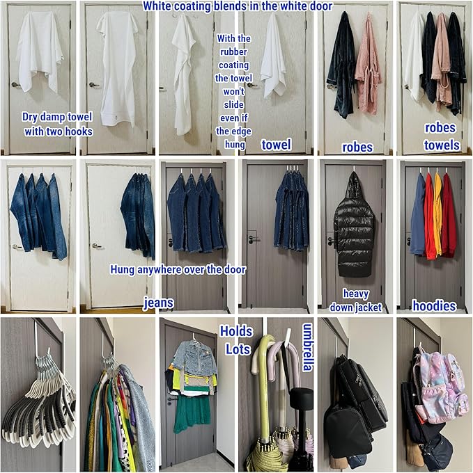 Over The Door Metal Hooks with Plastic Coating 5.5" Fit 0.5" to 2" Wide Door 4 Pcs Heavy Duty Single Towel Robe Rack Wreath Bathroom Shower Hanger Shoe Organizer Ironing Board Short White