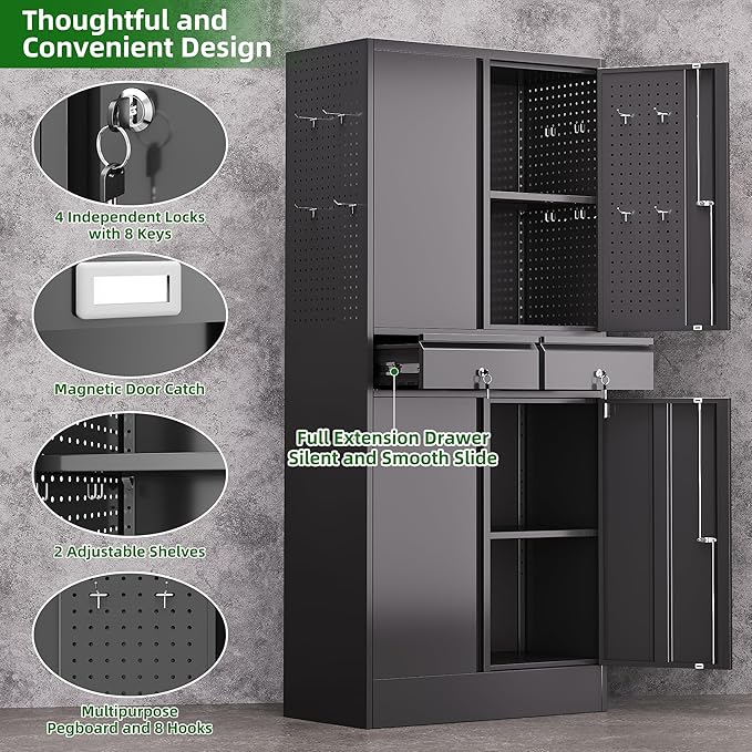 71" Metal Garage Storage Cabinet with 8 Hooks and Pegboards,2 Drawer Tool Storage with Locking Doors and Adjustable Shelves,Heavy Duty Steel Tool Cabinet for Garage, Warehouse