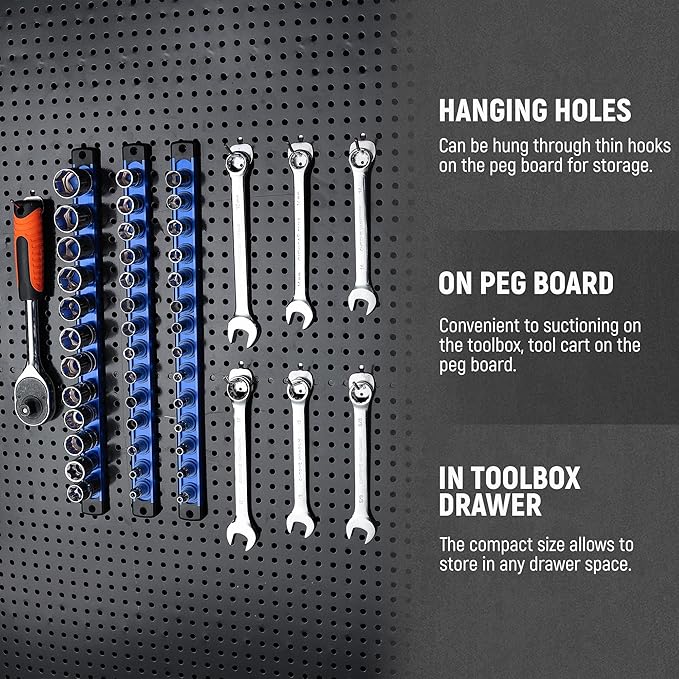 ALOANES Magnetic Socket Organizer, 1/2-Inch Drive Aluminum Socket Holder Socket Tray, Heavy Duty Socket Rail Organizer for Tool Box Drawer, 360°Swivel Clips Socket Rack 1/2-Inch x 12 Clips (Blue)