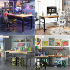 60" Adjustable Height Workbench, 2000 LBS Heavy Duty Work Table with Power Outlets & Pegboard, Rubber Wood Workstation for Garage, Workshop, Office, Home, Commercial