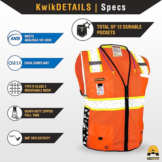 KwikSafety - BIG KAHUNA DIGITAL Safety Vest [LIMITED EDITION] Class 2 ANSI OSHA Reflective Vest Durable High Visibility Vest Construction Safety Vest for Men Industrial Work Gear/Orange 3XL