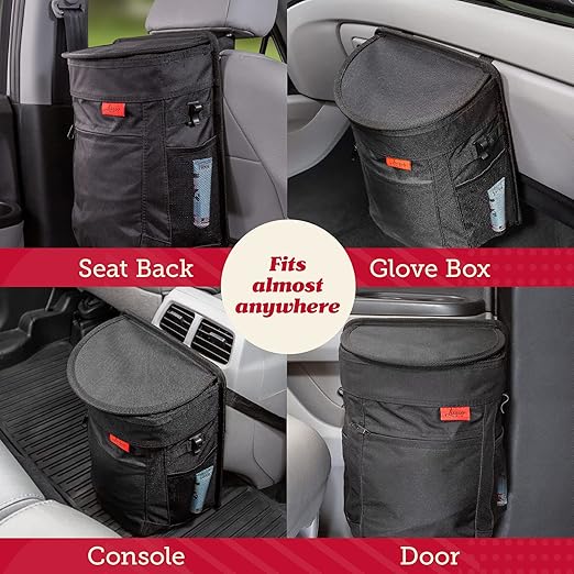 Lusso Gear Spill-Proof Car Trash Can - 2.5 gal Black Oxford - Leakproof & Waterproof Hanging Car Trash Bin - Organization Accessories with Removable Liner & Mesh Pockets - Boat Garbage Can