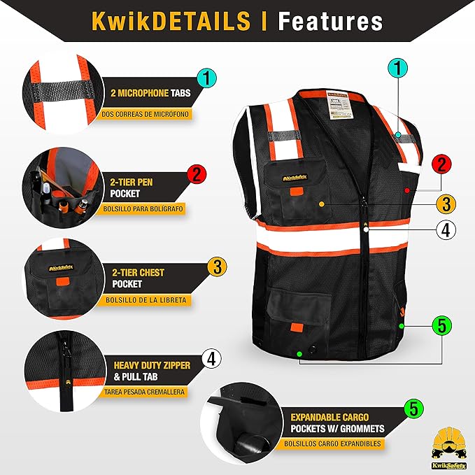 KwikSafety - Charlotte, NC - UNDERBOSS Safety Vest [11 POCKETS] Premium ANSI Class Unrated High Visibility Vest Construction Surveyor Reflective Vest Industrial Work Safety Vest for Men/Black Small