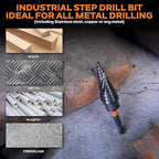 KSEIBI 12 Steps 3/16-7/8 inch SAE Standard Industrial Grade Step Drill Bit Ready Impact 1/4 inch Shank, 575078 High-Speed Steel Metal Drill Bits Black Oxide M2 Material
