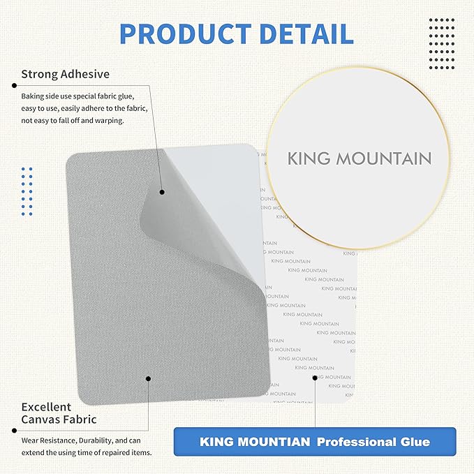KING MOUNTAIN Canvas Repair Patch 9 x11 Inch 4 Pcs Self-Adhesive Waterproof Fabric Patch for Sofas, Tents, Furniture,Tote Bags, Car Seats (Grey2.0)