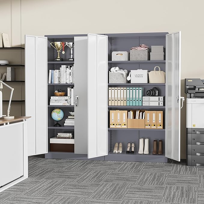 Greenvelly Metal Storage Cabinet with 2 Doors and 4 Adjustable Shelves, Lockable Steel Tool Cabinet for Home, Office, Garage, Classroom (Grey White)