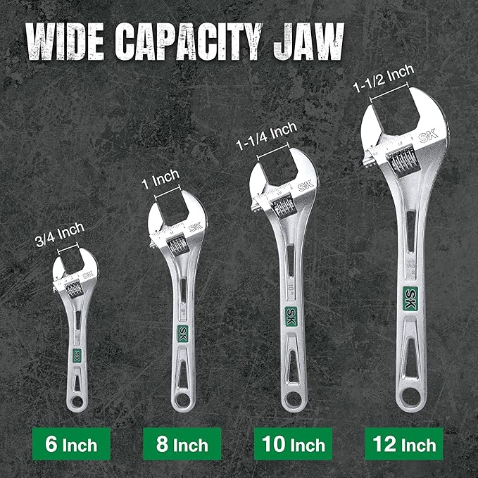 SK 10-Inch Adjustable Wrench, 1-1/4" Jaw Capacity, Cr-V Steel, SAE&Metric Scales