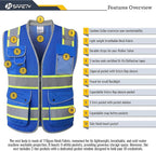 JKSafety 9 Pockets Hi-Vis Safety Vest Breathable Mesh Fabric Cushioned Collar Work Utility PPE Lightweight Industrial Work Gear ANSI/ISEA compliant (101-Blue XXL)