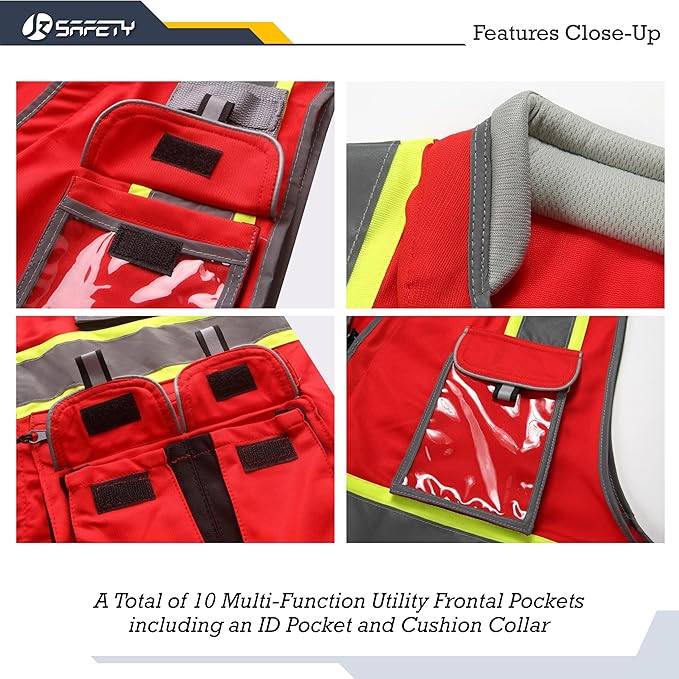 JKSafety 10 Pockets Hi-Vis Zipper Front Fluorescent Red Safety Vest | Cushioned Collar | High Reflective Tapes with Extended Neon Yellow Strips | Meets ANSI/ISEA Standards (3X-Large, 89-Red)