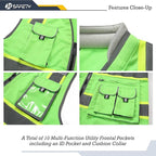 JKSafety 10 Pockets Hi-Vis Zipper Front Fluorescent Green Safety Vest | Cushioned Collar | High Reflective Tapes with Extended Neon Yellow Strips | Meets ANSI/ISEA Standards (4X-Large, 89-Green)