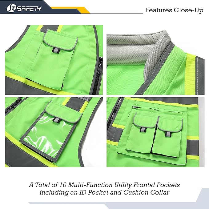 JKSafety 10 Pockets Hi-Vis Zipper Front Fluorescent Green Safety Vest | Cushioned Collar | High Reflective Tapes with Extended Neon Yellow Strips | Meets ANSI/ISEA Standards (X-Large, 89-Green)