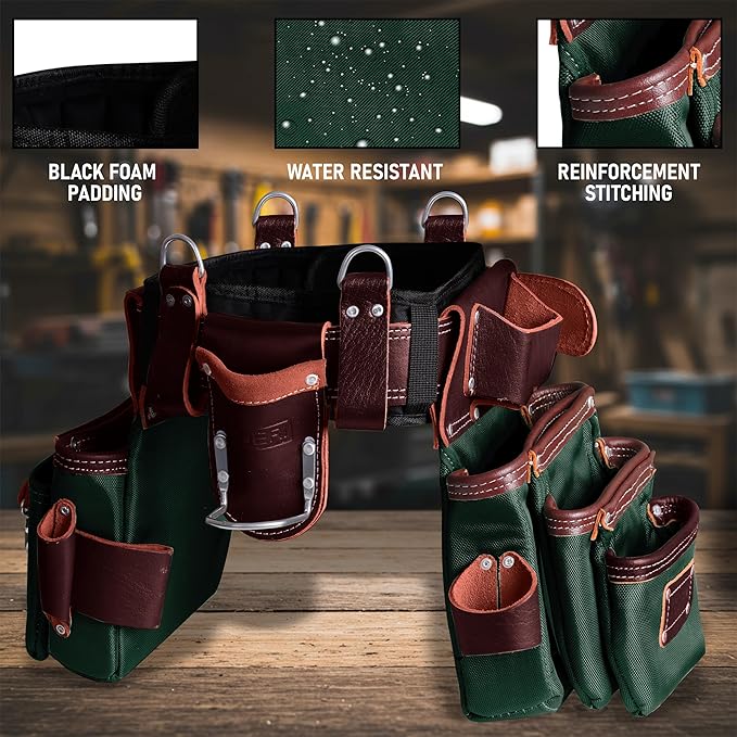 FUERI Nylon Leather Tool Belt Suspender Men Heavy Duty 26 Pocket Tools Bags Pouches Holder Organizer for Carpenter Construction Electrician Framer (Green & Maroon Tool Belt Set, Large 36" - 42")
