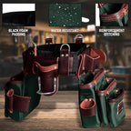 FUERI Tool Belt Men Heavy Duty 26 Pocket Tools Bags Pouches Holder Organizer for Carpenter Construction Electrician Framer Nylon Leather (Green & Maroon, Extra Large 42" - 48")