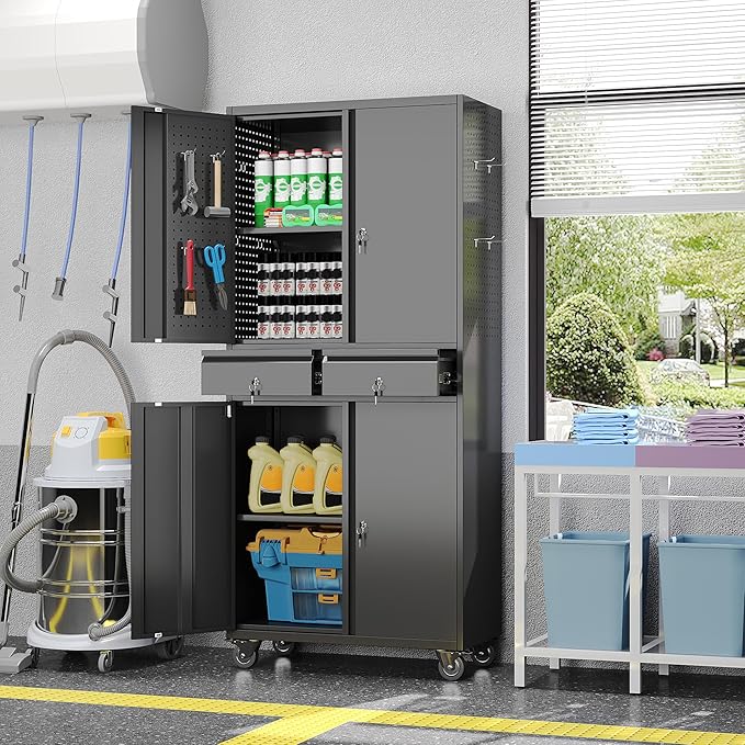 71" H Metal Garage Storage Cabinet with Wheels and Doors,Rolling Tool Cabinet with Pegboard and 2 Lockable Drawer for Garage Warehouse Home,Required Assembly,Black