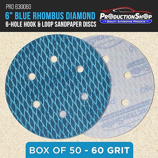 Premium 60 Grit 6" Rhombus Diamond Shape Blue Sanding Discs, 6-Hole, Box of 50 - Hook & Loop Anti-Clogging J-Cloth Dustless Sandpaper for Random Orbital Sanders, Sand Auto Paint, Wood