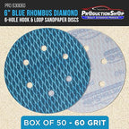 Premium 60 Grit 6" Rhombus Diamond Shape Blue Sanding Discs, 6-Hole, Box of 50 - Hook & Loop Anti-Clogging J-Cloth Dustless Sandpaper for Random Orbital Sanders, Sand Auto Paint, Wood