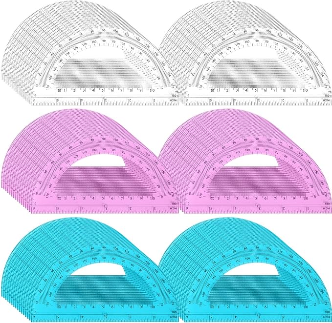 Zonon 100 Pack 6 Inch Plastic Protractor Back to School Protractors 180 Degrees Pink Blue Clear Protractors for Classroom Math Teacher Student Office Supplies, Clear, Pink, Blue