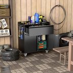 Metal Garage Storage Cabinet with Wheels and Pegboard, 35.4" H Lockable Tool Storage Cabinet with One Drawer, Adjustable Shelf and 4 Hooks for Garage, Warehouse, Black