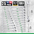 SK Flex-Head Ratcheting Wrench Set, Combination Wrench Set, 25-Piece, SAE 1/4" to 1", Metric 8 to 19mm, 72-Tooth, Premium CR-V Construction, with Rack Organizer