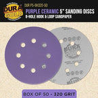 Dura-Gold Premium 320 Grit 5" Purple Film Ceramic Sanding Discs, 8-Hole Pattern, Box of 50 - Dustless Hook & Loop Backing Sandpaper for DA & Random Orbital Sanders - Sand Auto Paint, Wood, Woodworking