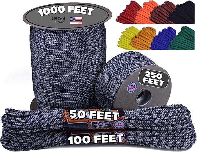 BORED? PARACORD! 550 lb Paracord - Ideal for Crafting, Camping, DIY Projects, Active & Military Outdoors - Strong Survival Rope - Tactical Parachute Cord Type III - Silver Diamonds 1000 Feet