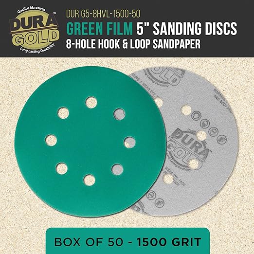 Dura-Gold Premium 1500 Grit 5" Green Film Sanding Discs, 8-Hole Pattern, Box of 50 - Dustless Hook & Loop Backing Sandpaper for DA & Random Orbital Sander, Detail Color Sand Auto Paint Wood Furniture