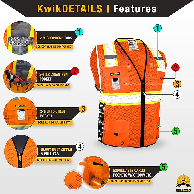 KwikSafety - BIG KAHUNA DIGITAL Safety Vest [LIMITED EDITION] Class 2 ANSI OSHA Reflective Vest Durable High Visibility Vest Construction Safety Vest for Men Industrial Work Gear/Orange 2XL