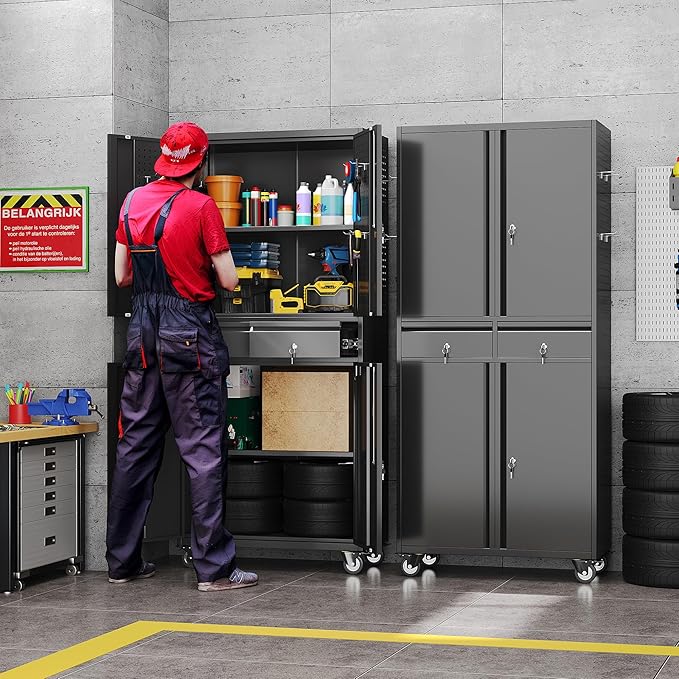 71" H Metal Garage Storage Cabinet with Wheels and Doors,Rolling Tool Cabinet with Pegboard and 2 Lockable Drawer for Garage Warehouse Home,Required Assembly,Black