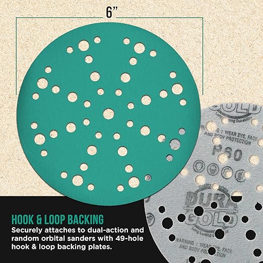 Dura-Gold Premium 220 Grit 6" Green Film Sanding Discs, 49-Hole Pattern, Box of 50 - Heavy-Duty Dustless Hook & Loop Backing Sandpaper for DA & Random Orbital Sanders, Sand Auto Paint, Wood Furniture