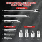 10-Piece Breaker Set - 3/8", "1/2", "1/4" Breaker Bars, 180 Rotatable Head, 3 Extension Bars, 6"-15" Lengths, Organizer Case