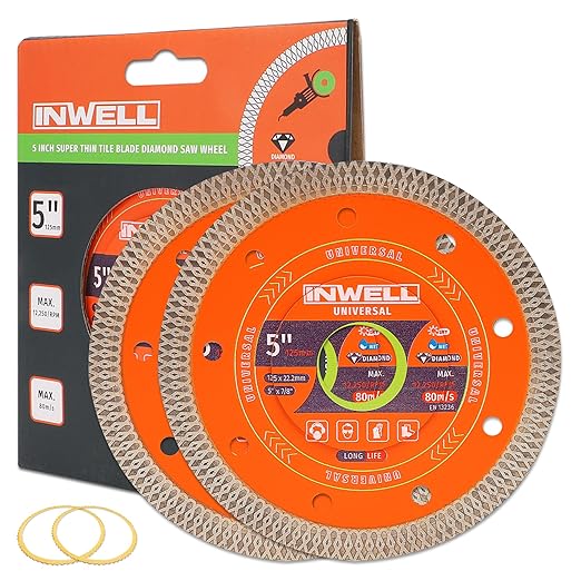 5 Inch Diamond Saw Blade, 2 Pack - Mesh Turbo Cutting Wheel for Tile, Porcelain, Ceramic, Granite, Marble - 10mm Segment, Super Thin 1.4mm, 7/8" Arbor with Flange - Dry or Wet Cutting