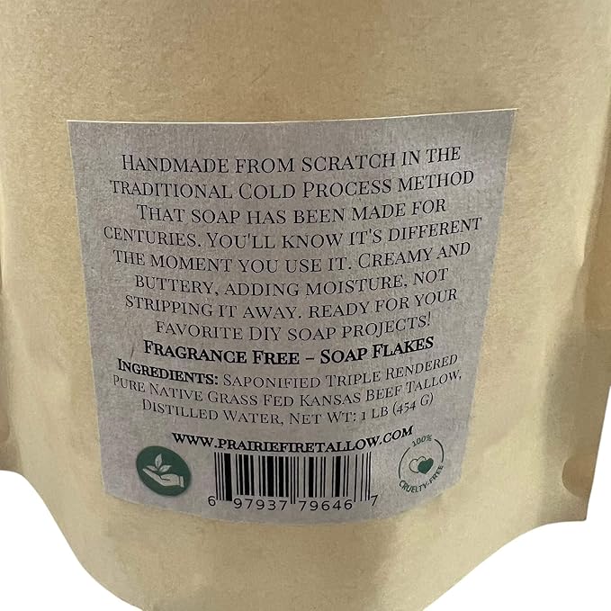 Pure Beef Tallow Soap Flakes - Made in USA - Grass Fed and Finished - Face, Body and Hair - Cleans, Moisturizes, Soothes, and Hydrates. Natural and Organic Fragrance Free