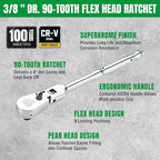 SK 3/8" Drive Flex Head Ratchet Handle, 90-Tooth Ratchet,Premium CR-V Construction, Reversible Design, with Contoured Handle