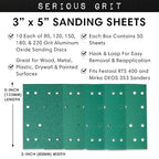 3" x 5" (80mm x 133mm) 14-Hole Sanding Sheet Assortment - 80, 120, 150, 180, 220 Grit (10 of Each) - Fits Festool RTS 400 & Mirka Deos 353 - Hook & Loop Sandpaper - 50 Pack Box