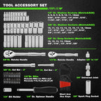 94pcs 1/4" & 3/8" Drive Socket Set, Socket Wrench Set with Ratchet Handle, Extention Bar, Adapter, Screwdriver Bit Set, Spark Plug Socket, CR-V, Metric/SAE, Deep/Shallow, Mirror Chrome Finish