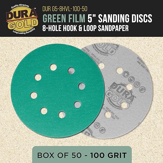 Dura-Gold Premium 100 Grit 5" Green Film Sanding Discs, 8-Hole Pattern, Box of 50 - Dustless Hook & Loop Backing Sandpaper for DA & Random Orbital Sanders, Sand Automotive Paint Woodworking Furniture