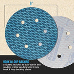 Premium 80 Grit 6" Rhombus Diamond Shape Blue Sanding Discs, 6-Hole, Box of 50 - Hook & Loop Anti-Clogging J-Cloth Dustless Sandpaper for Random Orbital Sanders, Sand Auto Paint, Wood