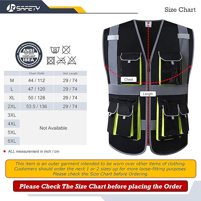 JKSafety 10 Pockets High Visibility Zipper Front Black Safety Vest with High Reflective Strips Meets ANSI/ISEA Standards (Medium, 88-Black)