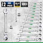 SK Flex-Head Ratcheting Wrench Set, Combination Wrench Set, 12-Piece, Metric 8 to 19mm, 72-Tooth, Premium CR-V Construction, with Rack Organizer