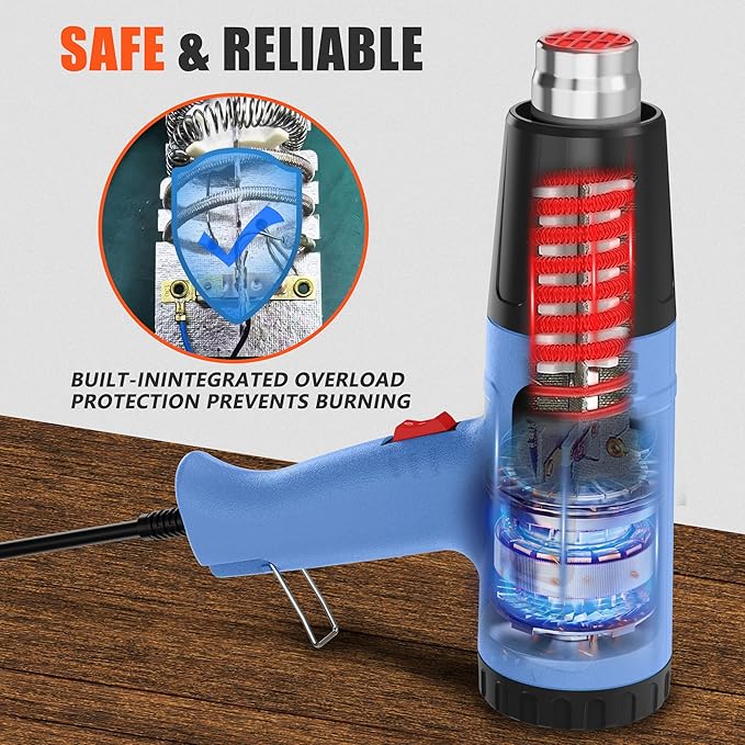 Heat Gun for Vinyl Wrap,Shrink Tubing,Paint,Epoxy Resin,Candle Making,Adjustable Temperature,Overload Protection Hot Air Gun Kit Nozzles(Knob Stepless Temperature Control)