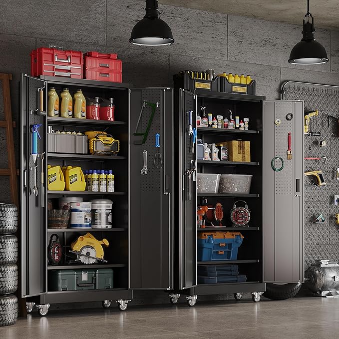 Metal Garage Storage Cabinet with Pegboard, 71''H*32" W*16" D Rolling Tool Cabinets on Wheels with 5 Adjustable Shelves for Garage Home Warehouse Utility Room, Assembly Required,Black