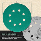 Dura-Gold Premium 220 Grit 5" Green Film Sanding Discs, 8-Hole Pattern, Box of 50 - Dustless Hook & Loop Backing Sandpaper for DA & Random Orbital Sanders, Sand Automotive Paint Woodworking Furniture