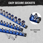 ALOANES Magnetic Socket Organizer Set, 3-Piece Heavy Duty Aluminum Socket Holder Socket Rail Organizer for Tool Box, 360° Swivel Clips Socket Rack 1/4, 3/8, 1/2-Inch x 40 Clips (Blue)